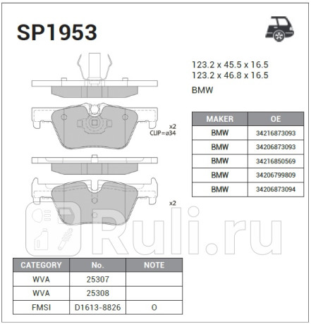 SP1953 - Колодки тормозные дисковые задние (HI-Q) BMW F20 (2011-2019) для BMW 1 F20 (2011-2020), HI-Q, SP1953
