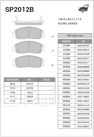 SP2012B - Колодки тормозные дисковые передние (HI-Q) Honda Civic хэтчбек (2001-2005) для Honda Civic EU/EP (2001-2005) хэтчбек, HI-Q, SP2012B