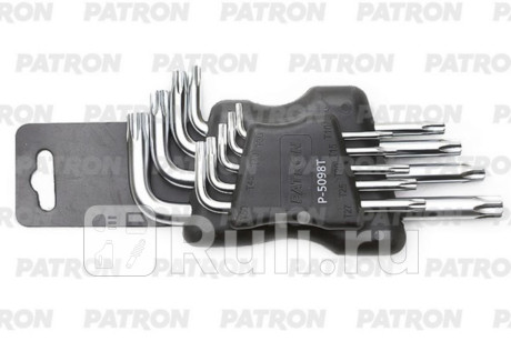 Набор ключей torx г-образных коротких, с отверстием, 9 пр: т10, т15, т20, т25, т27, т30, т40, т45, т50, в пласт. держателе PATRON P-5098T для Автотовары, PATRON, P-5098T